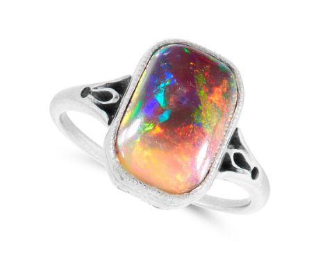 A BLACK OPAL DRESS RING set with a rectangular cabochon black opal of 3.08 carats, unmarked, size N / 6.5, 2.9g.