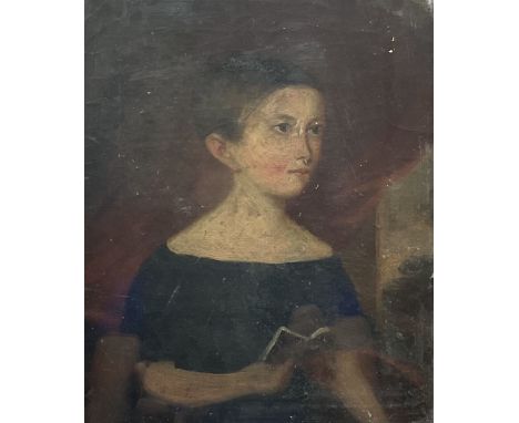English Primitive School (19th century): Portrait of a Girl Reading a Book, oil on canvas unsigned 29cm x 24cm