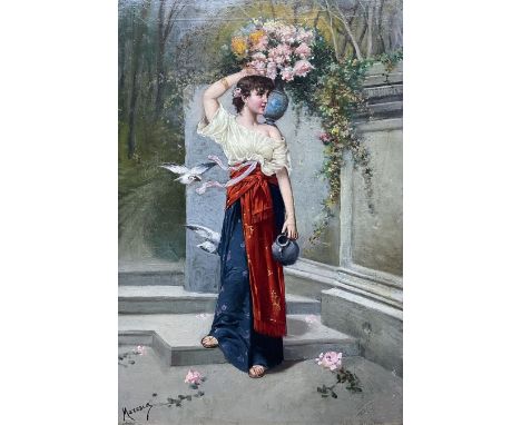 Maresca (Italian early/mid 20th century): Full Length Portrait of a Young Woman in Classical Dress Carrying Flowers and Ampho