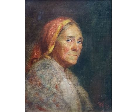 English School (late 20th century): Portrait of a Woman Wearing a Headscarf, oil on canvas signed with monogram BWS and dated