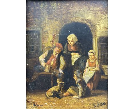After Adriaen Van Ostade (1610-1685): Family Outside Cottage, oil on ceramic inscribed 19cm x 14cm
