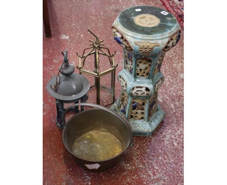 A Chinese pottery jardinière stand, together with an oak mantel clock, a pair of pewter-lidded German flagons, a pair of bras