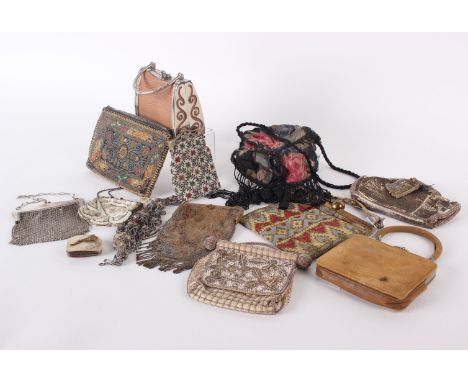 A collection of late 19th to mid 20th Century bags and purses, comprising bead, sequin, embroidered, tapestry and leather exa