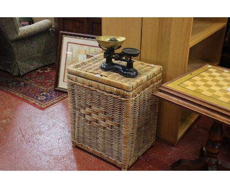 A Victorian set of scales, wicker basket and coal scuttle
