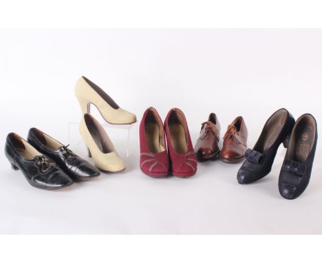 A pair of 1940s low-heeled brown lace-up shoes with a CC41 Utility stamp; navy blue 1940s suede and leather court shoes, crea