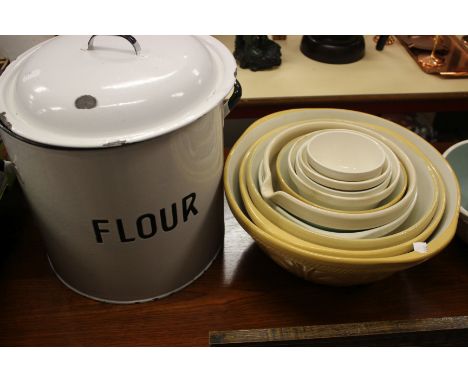 Vintage enamel kitchenwares to include breadbins pans and bowls 