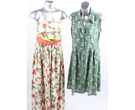 A 1940s pale lilac dress; a 1950s Doris Clark green and orange patterned cotton dress, a late 1960s pink and blue patterned w