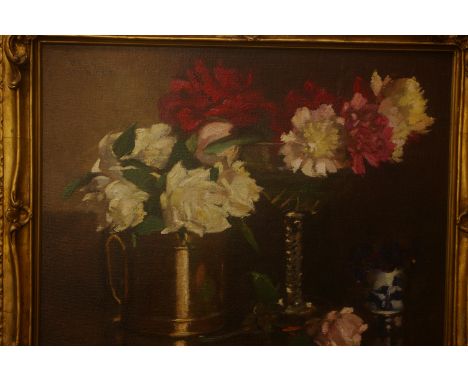 Percy SturdeeStill Life with FlowersOil on canvas 49 x 59cm, together with an oval pastel portrait of a young girl and an oil