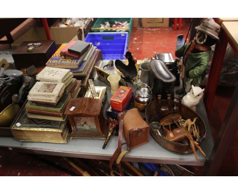 Collectors items to include Scales and oak cutlery tray, binocular, natural history books, bracket clock, dressing table set 