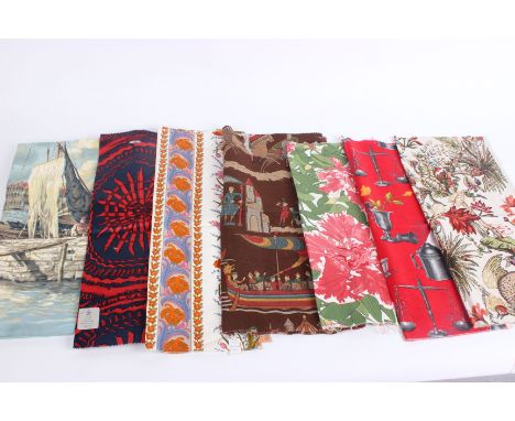 A collection of upholstery and light upholstery weight fabrics; to include a printed velvet panel, brocade, floral curtains, 