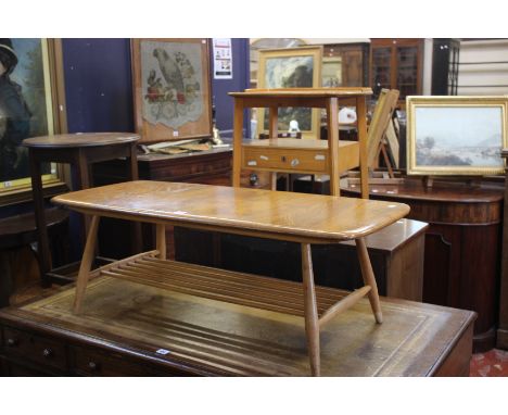 An Ercol type elm coffee table and tray top bedside table 