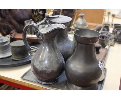 A mixed lot of pewter and metalware, binoculars, treen, barometer, mantel clock, fox muff with attached purse, and a modern W