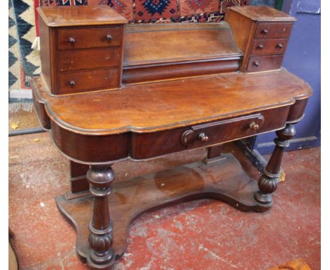 A Victorian mahogany hall table, demi lune table, a shelf, an oval coffee table and a mahogany bowfront display cabinet on sq