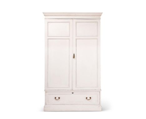 A GEORGIAN STYLE TWO DOOR HANGING WARDROBE  20TH CENTURY  With an egg and dart moulding cornice, moulded doors and base drawe