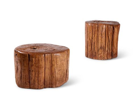 A PAIR OF WEATHERED 'TREE TRUNK' CROSS SECTION OCCASIONAL TABLES 44cm and 34 cm high respectively Provenance:  Ciancimino Sup