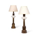 A PAIR OF COLUMNAR BRASS AND OPAQUE GLASS OIL LAMP BASES, LATE 19TH CENTURY AND LATER