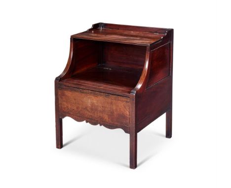 A MAHOGANY BEDSIDE COMMODE   19TH CENTURY  With hinged top shelf and rising seat cover to reveal an enamel chamber pot, on sq