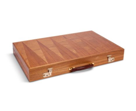 Y&nbspA WALNUT AND PARQUETRY BACKGAMMON SET  BY LINLEY   With a green and brown leather interior and matching dice cups and c