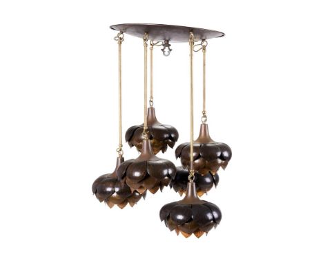 A PATINATED METAL HANGING CEILING LIGHT  BY FELDMAN LIGHTING COMPANY, SECOND HALF 20TH CENTURY  With six artichoke or lotus s
