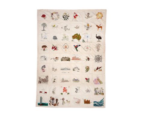 A BOOMERANG CURTAIN MADE BY MEMBERS OF THE EMBROIDERERS' GUILD OF NEW SOUTH WALES  Dated 1975   With 54 individual panels by 