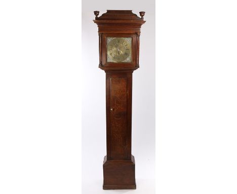 George III oak longcase clock, Joseph Atkinson, the stepped pediment above a square door to the hood flanked by columns above