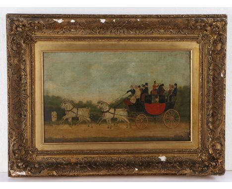 19th Century primitive school, The Stagecoach to London, the black and red stagecoach being pulled by four white horses, a si