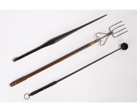 Collection of implements, to include an 18th Century ebony handled ladle, an 18th Century head scratcher and a steel toasting