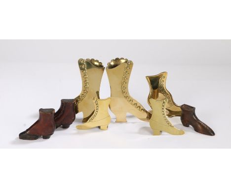 Collection of 19th Century boots, to include two pairs of 19th Century brass boots, a single brass boot, a pair of 19th Centu