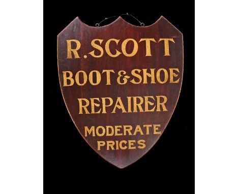 Victorian double sided shoe repair shop sign, in the form of a shield and the yellow lettering R. SCOTT BOOT &amp; SHOE REPAI