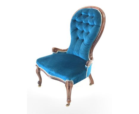 Victorian style stained beech framed spoon back nursing chair upholstered in buttoned blue fabric, H89cm - Condition Report 