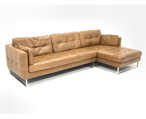 Dwell Furniture - corner sofa upholstered in buttoned tan brown leather on polished metal supports, W286cm, D158cm - Conditio