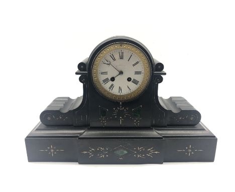 Large Victorian dome top black slate mantel clock, circular enamel Roman dial, engraved and gilt decoration with malachite in