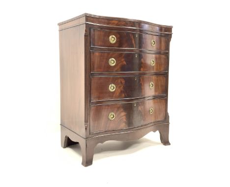  Regency design mahogany serpentine front chest of drawers, the top with reeded edge over figured frieze and four long gradua