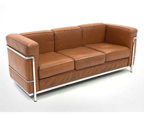 After Le Corbusier - Mid 20th century three seat sofa with chrome frame and brown leather upholstered arm rests and loose cus