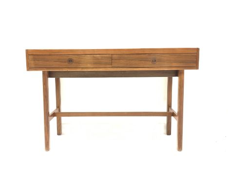 Mid 20th century hardwood veneered console table, with two drawers raised on moulded supports united by stretchers, 122cm x 4