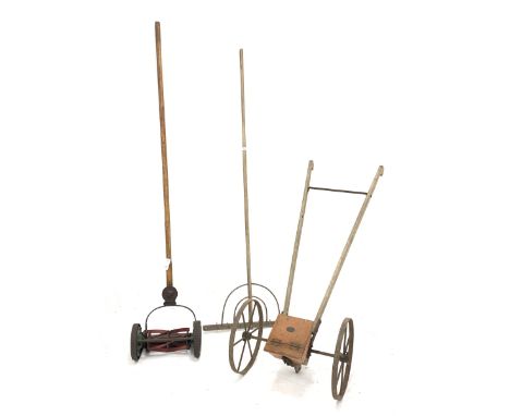 Vintage garden tools - wooden rake, 'Ransomes Cub' lawn mower and 'Horace Fuller' seed drill - Condition Report 