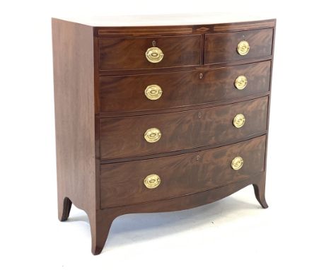 Early 19th century mahogany bow front chest, two short and three long drawers, the frieze inlaid with walnut panels and boxwo