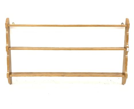'Eagleman' adzed three tier wall hanging plate rack, by former 'Mouseman' apprentice Albert Jeffray of Sessay, Thirsk, W147cm