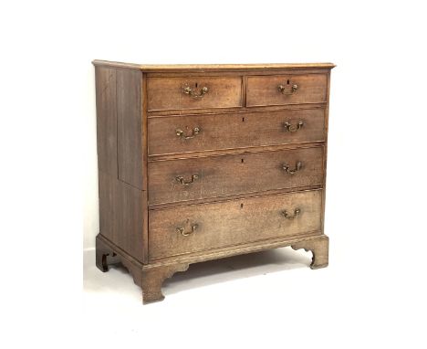 Georgian oak two part oak chest, two short and three long drawers, on shaped bracket feet, W100cm, H99cm, D54cm - Condition R