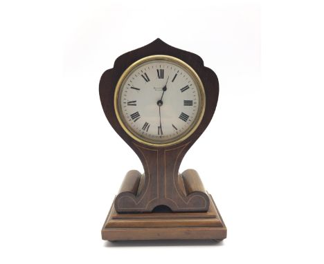 Art Nouveau period inlaid mahogany mantel clock timepiece, circular white enamel Roman dial, single train driven movement sta