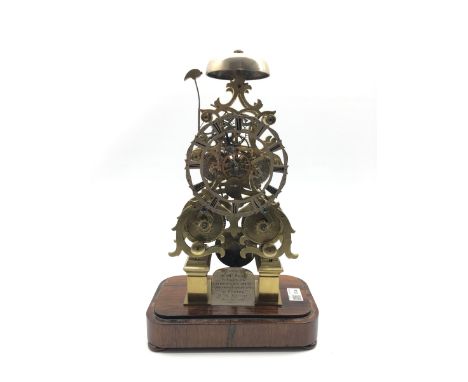 Victorian circa. 1864 brass skeleton clock, twin fusee movement striking on bell, pierced silvered Roman chapter ring, on ros