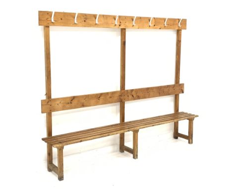 Vintage pine locker room coat rack with slatted bench, W221cm, H175cm, D35cm, - Condition Report 