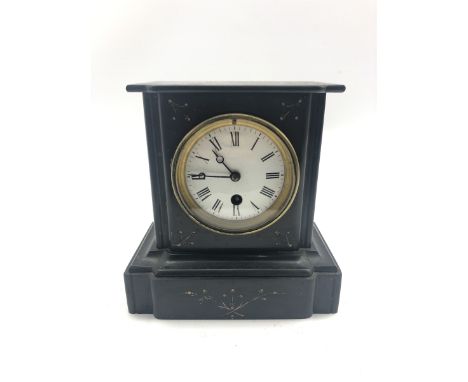 Victorian black slate clock, circular white enamel Roman dial, engraved and gilt decoration, single train movement stamped 'K