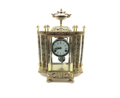 Brass and cloisonne decorated mantel clock, circular Roman and Arabic dial enclosed by bevel glazed door, with eight column a