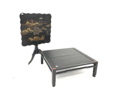  Chinese style black painted with panelled top and moulded square supports, (89cm x 89cm, H33cm) and a Chinoiserie top fold o