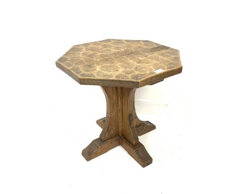 'Mouseman' oak octagonal side table, cruciform base on sledge feet, circa. 1940s, with figuring to the base, by Robert Thomps