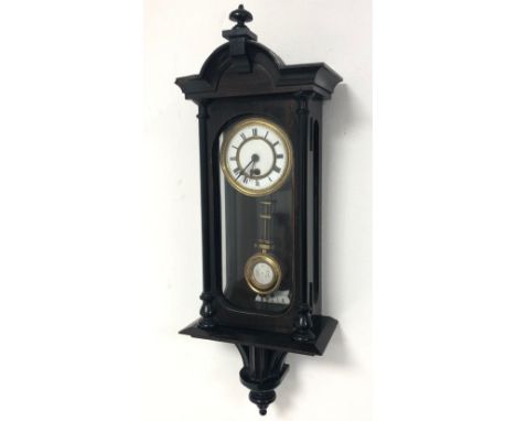 Late 19th century miniature Vienna style wall clock timepieces, in ebonised and stained walnut case, scaled down single train