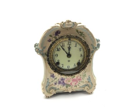 Late 19th century floral painted 'Royal Bonn' porcelain mantel clock, cartouche shaped case moulded with scrolled foliage, ci