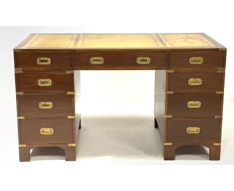 20th century Campaign style mahogany twin pedestal desk,  the top with inset  tooled  leather writing surface over one long a