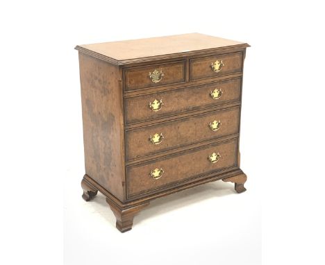Late 20th century figured walnut chest fitted with two short and three long drawers, raised on ogee bracket feet, W81cm, H85c
